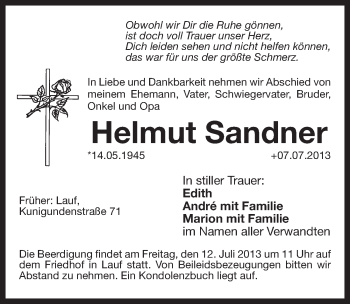 Traueranzeige von Helmut Sandner von Pegnitz-Zeitung